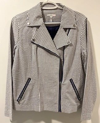 Isaac Mizrahi Live!  Seersucker Motorcycle Jacket Size 8  Gray / White Lined - Image 1 of 4