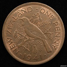 New Zealand 1 Penny 1941, Coin, Km# 13, George Vi, Tui Bird, Inv#C933
