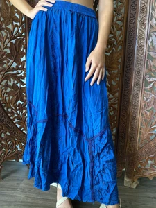 Boho Hippy Gypsy Retro 70s Blue Embroidered Long Skirt Rayon Flared Skirts 