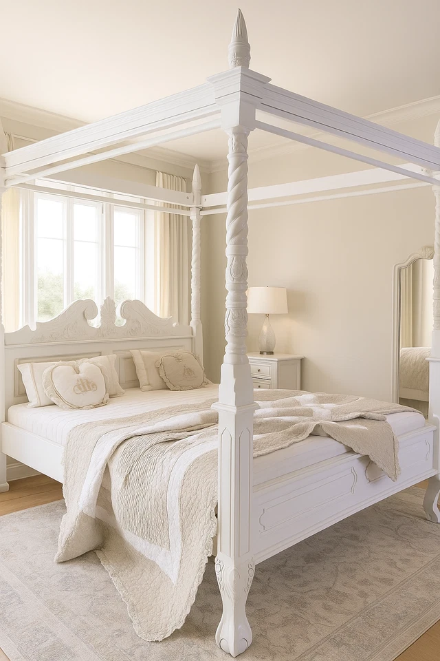 Himmelbett Holz Doppelbett vintage Bett weiß Ehebett Landhausstil Betthimmel neu - Bild 1 von 4