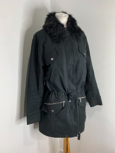 Michael Kors Parka Giacca Cappotto XS UK 8 10 Ottime Condizioni Nero Ecopelliccia Lunghezza Media