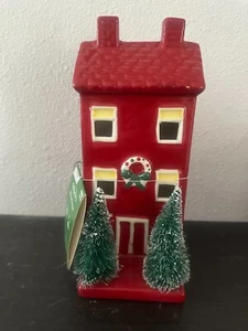 Red Light Up Ceramic Christmas House with Trees 9.5" NWT! - Picture 1 of 4