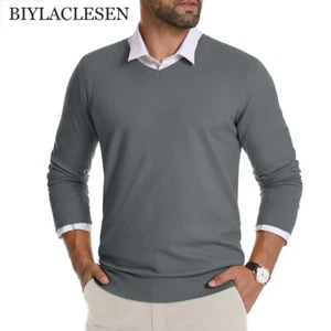 Maglione uomo scollo a V grigio maglione elegante a righe maglia cashmere - Foto 1 di 3