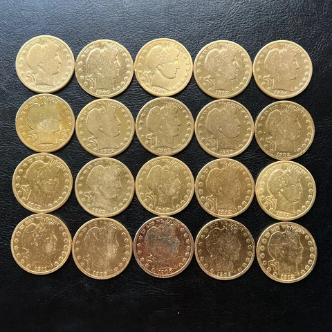 1899-1912 Mixed Roll of 20 Barber Half Dollars - Gold Plated Cover