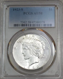 1923-S Peace Silver Dollar PCGS AU58 Bright Frost Luster Just graded #H682G - Picture 1 of 4