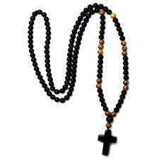 Quality Christian 6MM Black Stone Wood Beads Black Stone Cross Pendant Rosary 