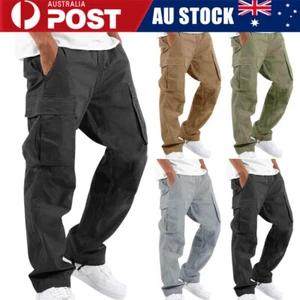 2022 Men's Fleece Cargo Pants Elastic Waist Multi Pocket Fitness Track Pants AU - Picture 1 of 17