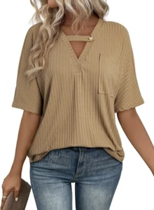 EVALESS Womens Summer Tops V Neck Short Sleeve Solid Loose Dressy Casual Basic S - Picture 1 of 4