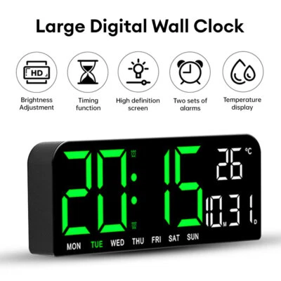 Wall-Mounted Digital Wall Watch Green Light Large Wall Clocks Temp Date Week - Image 1 of 4
