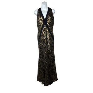 Carmen Marc Valvo Sequin Gown Black Gold Floral Size 4 Prom Formal Red Carpet - Picture 1 of 11