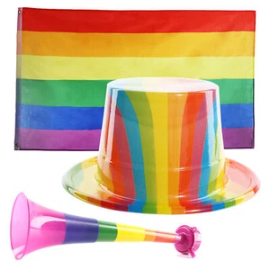 STOLZFLAGGE MÜTZE + VUVUZELA REGENBOGENFARBEN LGBT FESTIVAL PRIDE MARSCH FESTIVAL SET - Bild 1 von 7