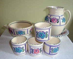 LOT 7 HONITON POTTERY ENGLAND Set Egg Cups Milk Sugar PITCHER UK Vintage - Picture 1 of 6