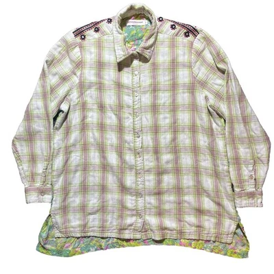 Camisa Top Túnica Artesanal De Luxe Verde Manga Larga Talla L Telas en Contraste Boho Foto 1 de 4