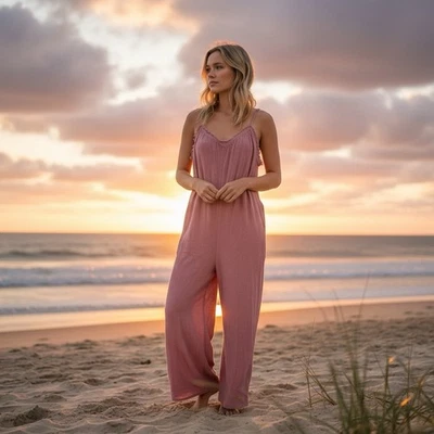 Nuevo Mono En Malva Rosa Algodón Gasa Pierna Ancha L Boho Boutique Cottagecore Foto 1 de 4