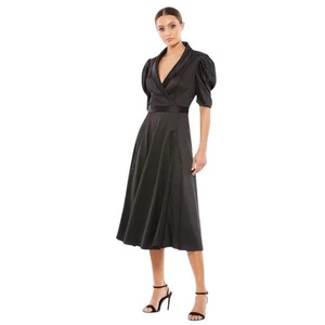 MAC DUGGAL Dress Size 4 Evening Gown Satin Black NEW Midi V Neck Puff Sleeve - Picture 1 of 9