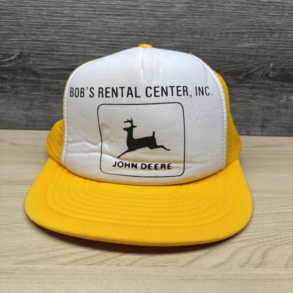 Gorra de colección John Deere espalda a presión amarilla camionero Bob's centro de alquiler para hombre años 80 Foto 1 de 4