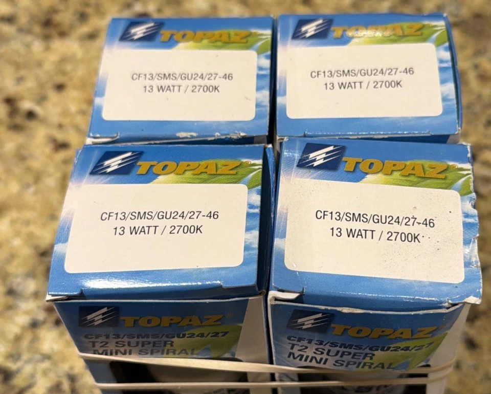 (4)- TOPAZ CF13/SMS/GU24/27-46 (13 WATT) 2700K T2 SUPER MINI SPIRAL FLUORESCENT - Image 1 of 4