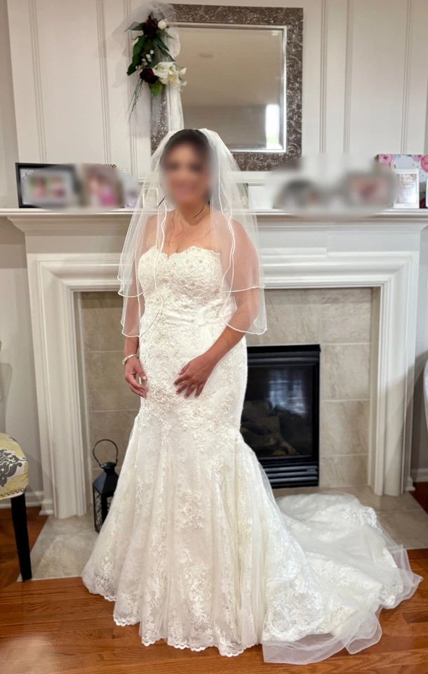 Vestido de novia sirena sin mangas de tul y encaje marfil talla 12-14 con velo.  Foto 1 de 4