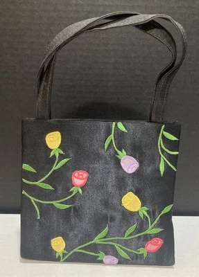 Vintage Sasha of New York Black Satin Floral Embroidered 6.5” Hand Bag - Image 1 of 4