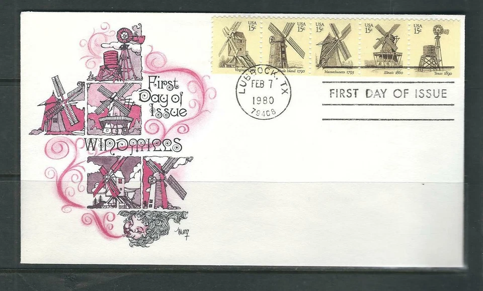 US SC #  1738-1742 Windmills  FDC. Marg Cachet - Image 1 of 1