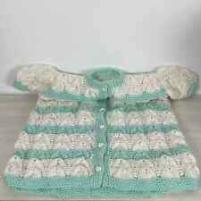 Handmade crochet knit puff short sleeve little girl's green and white dress