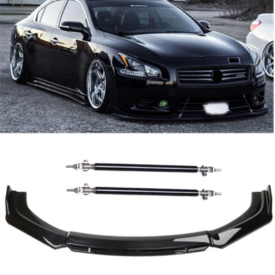 Gloss Black Front Bumper Lip Splitter Spoiler Strut Rod For 09-15 Nissan Maxima - Imagem 1 de 4
