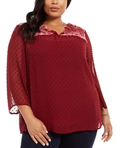 Style Co Women Sz 3X Red Burgundy V Neck Swiss Dot Velveteen Yoke 3/4 Sleeve Top - Picture 1 of 8