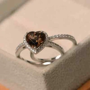 Anillo de cuarzo ahumado anillo de plata de ley 925 anillo de compromiso corazón para mujer - Imagen 1 de 4