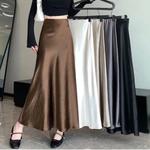 Midi A-line Satin Skirt Faux Silk Fish-tail Skirt High Waist Party Midi Dress - Picture 1 of 22