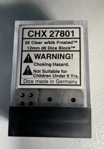 Chessex 36 12mm Pipped d6 Dice Frosted Clear w/ Black *NIP* CHX 27801 - Picture 1 of 7