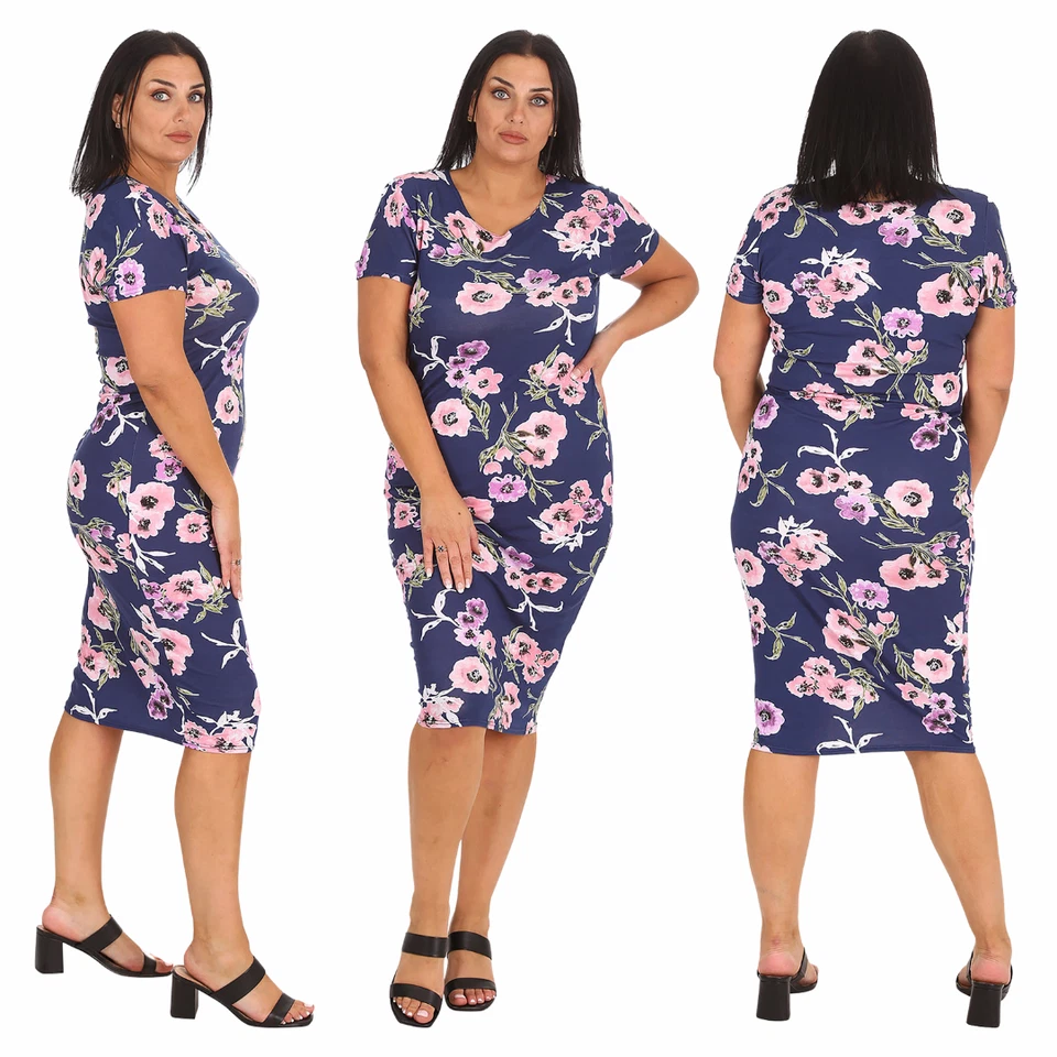 Nouvelle Women Plus Size Floral Print Ladies Midi Dress Bodycon Style Round Neck - Image 1 of 1