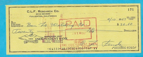 Leo Fender Autographed Signed 1967 C.L.F. Research Co. Business Check RARE Cover