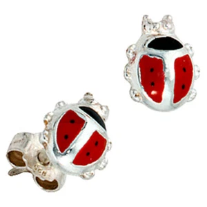 Pendientes Ladybug De 925 Plata, Rojo Negro Pintado, Pendientes para Niños - Imagen 1 de 1