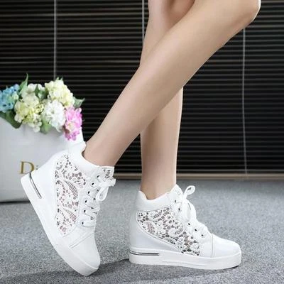 Women's Floral Wedge Hidden Heel Trainers Comfort Lace Up Leisure Platform Shoes - Image 1 of 4