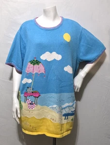 Vtg Quacker Factory 2X Tunic Sweater Beach Scene Embroidery Applique Pullover - Picture 1 of 8