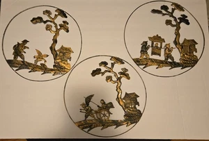"Lote de 3 arte de pared asiático vintage de metal decoración 11""" - Imagen 1 de 4