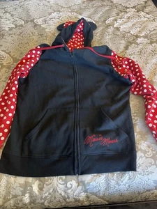 Disney Parks Minnie Mouse Hoodie With Ears Black Red Polka Dot Sleeves Women XL - Picture 1 of 3
