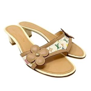 Sandalias Louis Vuitton Vintage LV Multicolor Monograma Tacones #36.5 Blanco Beige - Imagen 1 de 11