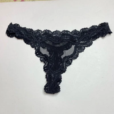 Vintage Victoria's Secret Thong Panties, y2k Black Mesh Lace V String Low Rise M - Image 1 of 4