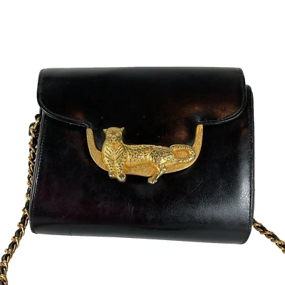 Vtg Gold Leopard Avant Garde Structured Bag Purse Black Deco Art Faux Leather - Image 1 of 4