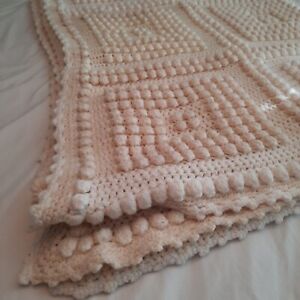 Luxe bobble stitch cream and light tan handmade crochet afghan blanket