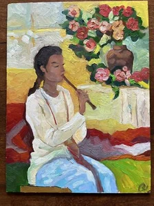 🔥🔥Lovely 16” x 12” Painting On Panel Woman Playing Flute w/ Still Life - Picture 1 of 12
