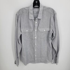 Theory Linen Shirt Mens Large Gray Stripe Long Sleeve Button Up Pockets Modern
