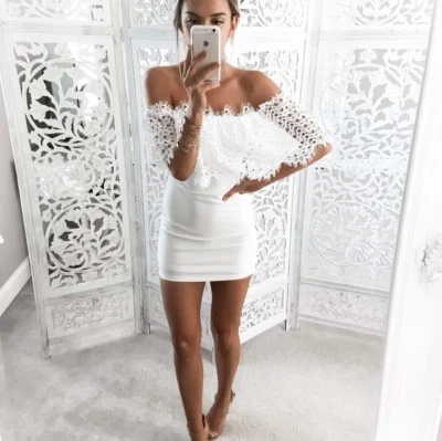 Mini Vestido Blanco de Encaje Hombro Descubierto Verano Playa Vestido Hombro Frío Foto 1 de 4