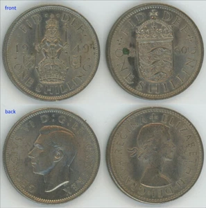 UK 1949 George VI KM#877 + 1960 QE2 KM#902, Shilling, lot of 2 AU coins. C094 - Picture 1 of 3