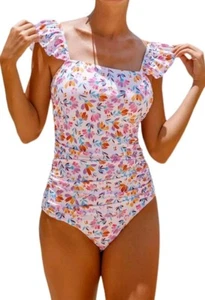 Women's Ruffle Shoulder One Piece Bathing Suit Floral Print Sz L - Picture 1 of 5