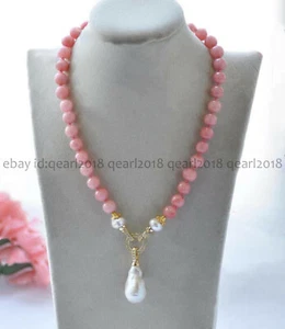 Pink Rhodochrosite Round Gems Beads White Keshi Baroque Pearl Pendant Necklace - Picture 1 of 10