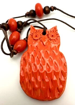 Boho Inspo Búho Terracota Colgante Collar Cuentas Cordón Ajustable Pieza de Arte Signe Foto 1 de 4