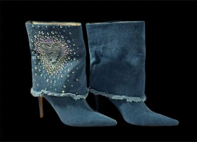 Botas de mezclilla Dolls Kill Azalea Wang Esmeralda talla 8,5 estrás corazón Jean nuevas sin etiquetas Foto 1 de 4