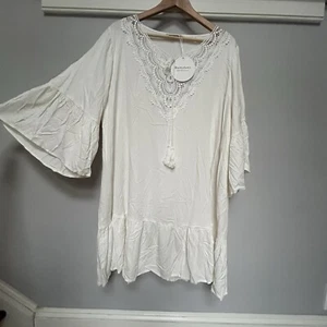 Rusttydustty Women’s 3XL White Pullover Tunic Top Crochet Boho Relaxed Ruffle - Picture 1 of 15